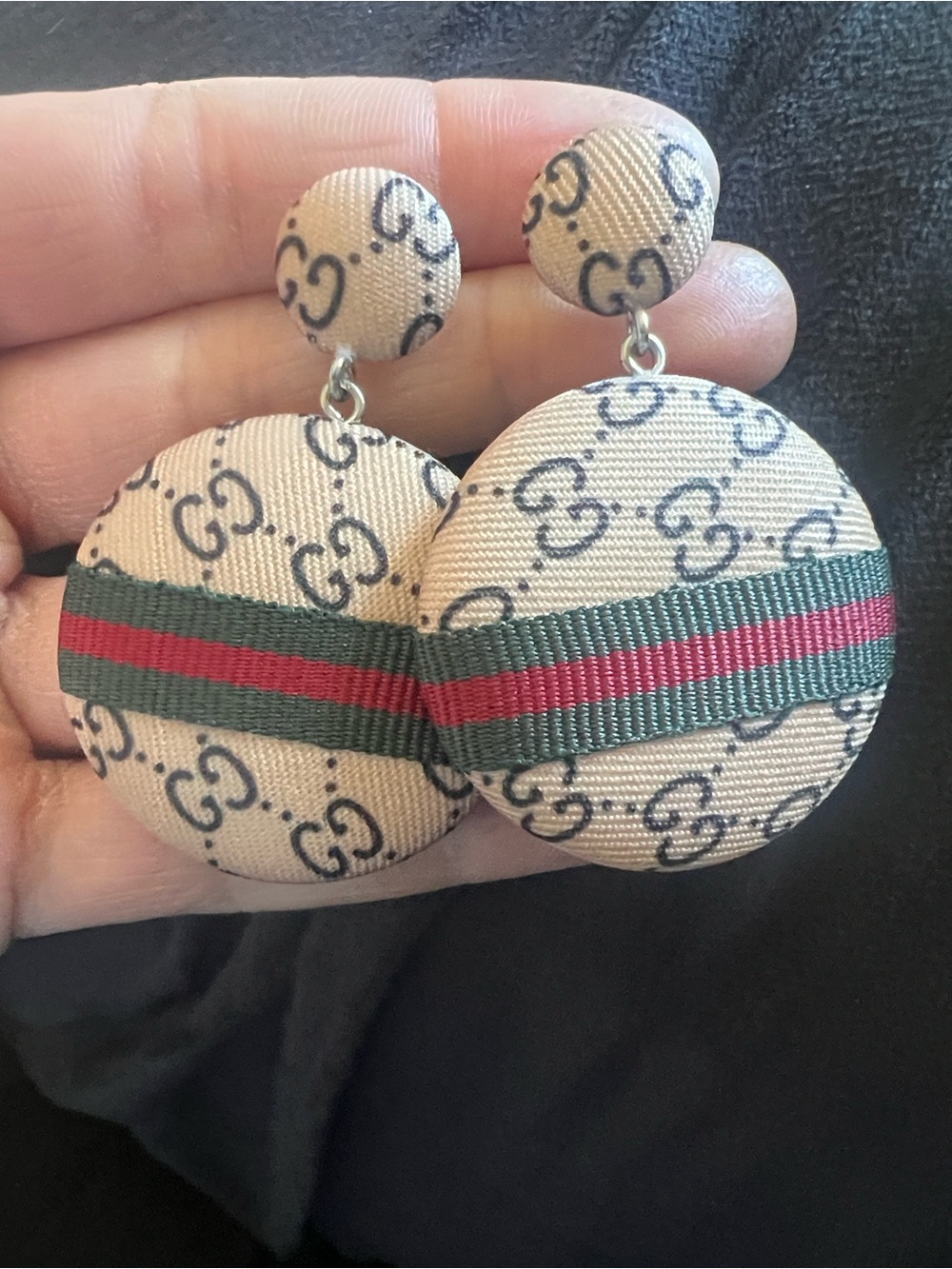 Gucci Beige GG Monogram Drop Earrings with Green and Red Web Stripe